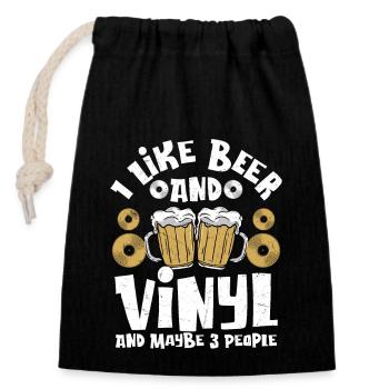 J’aime la bière et le vinyle et peut-être 3 personnes vintage f - Sac cadeau en coton avec cordon (14 x 20 cm) - noir - Devant
