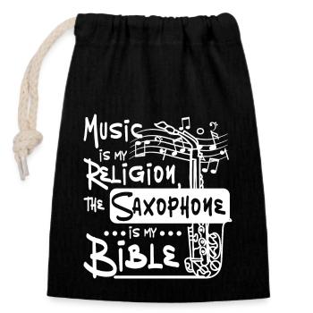 Music is my religion, the saxophone is my bible - Closable cotton gift bag (14x20cm) - black - Front