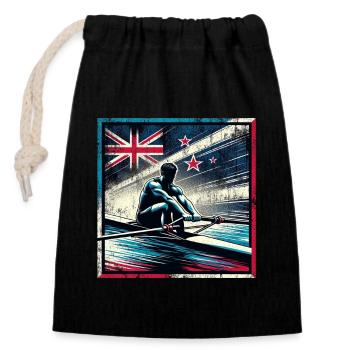 New Zealand Flag Rowing Man Sculling Pat - Closable cotton gift bag (14x20cm) - black - Front