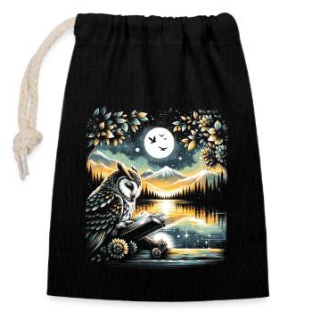 Owl Reading Book – Full Moon Seascape - Closable cotton gift bag (14x20cm) - black - Front