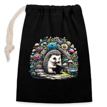 Hedgehog Reading Book – Full Moon Seascape - Closable cotton gift bag (14x20cm) - black - Front