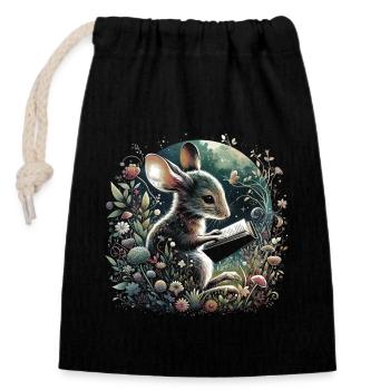 Mouse Reading Book – Full Moon Seascape - Closable cotton gift bag (14x20cm) - black - Front