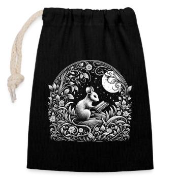 Mouse Reading Book – Full Moon Seascape - Closable cotton gift bag (14x20cm) - black - Front