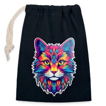 Chat psychédélique coloré illustré - Sac cadeau en coton avec cordon (14 x 20 cm) - bleu marine - Devant