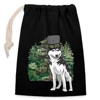 Husky Dogs Dog Forest Wilderness Fantasy Wolf - Closable cotton gift bag (14x20cm) - black - Front
