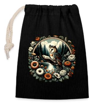 Owl Reads Book Wilderness Floral Frame - Closable cotton gift bag (14x20cm) - black - Front