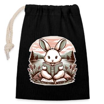 Rabbit Wilderness Book Illustration With Flower - Closable cotton gift bag (14x20cm) - black - Front