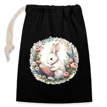 Rabbit Wilderness Book Illustration With Flower - Closable cotton gift bag (14x20cm) - black - Front