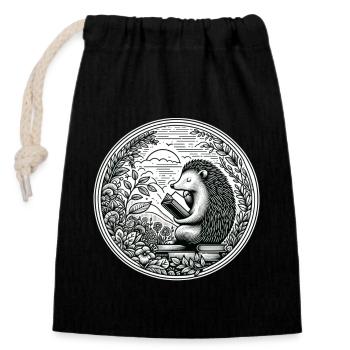 Hedgehog wilderness book reading illustration - Closable cotton gift bag (14x20cm) - black - Front