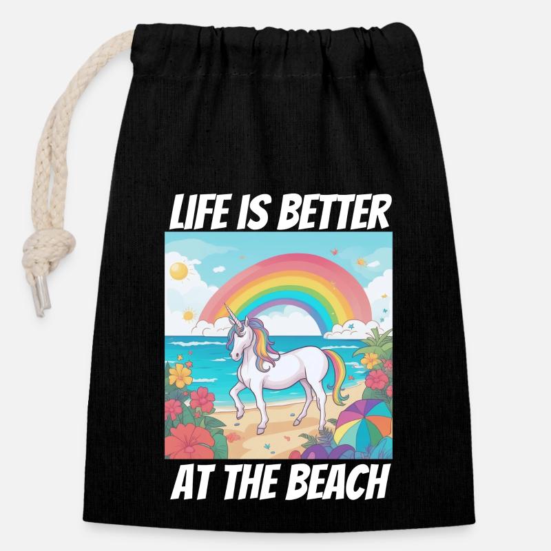 La vie est plus belle à la plage Licorne - Sac cadeau en coton avec cordon (14 x 20 cm) - noir