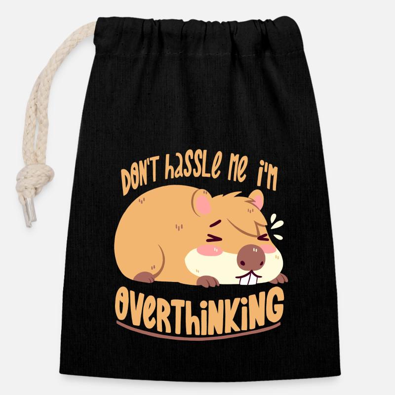 Pondering Capybara - Closable cotton gift bag (14x20cm) - black