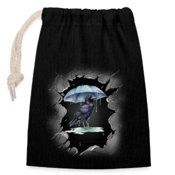 Oiseau, Météo, Pluie, Parapluie, Dark Crow - Sac cadeau en coton avec cordon (14 x 20 cm) - noir - Devant