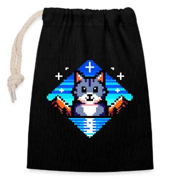 Chat pixel - Sac cadeau en coton avec cordon (14 x 20 cm) - noir - Devant