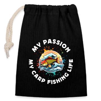 Carp Fisherman My Passion My Carp Fish Hunting - Closable cotton gift bag (14x20cm) - black - Front