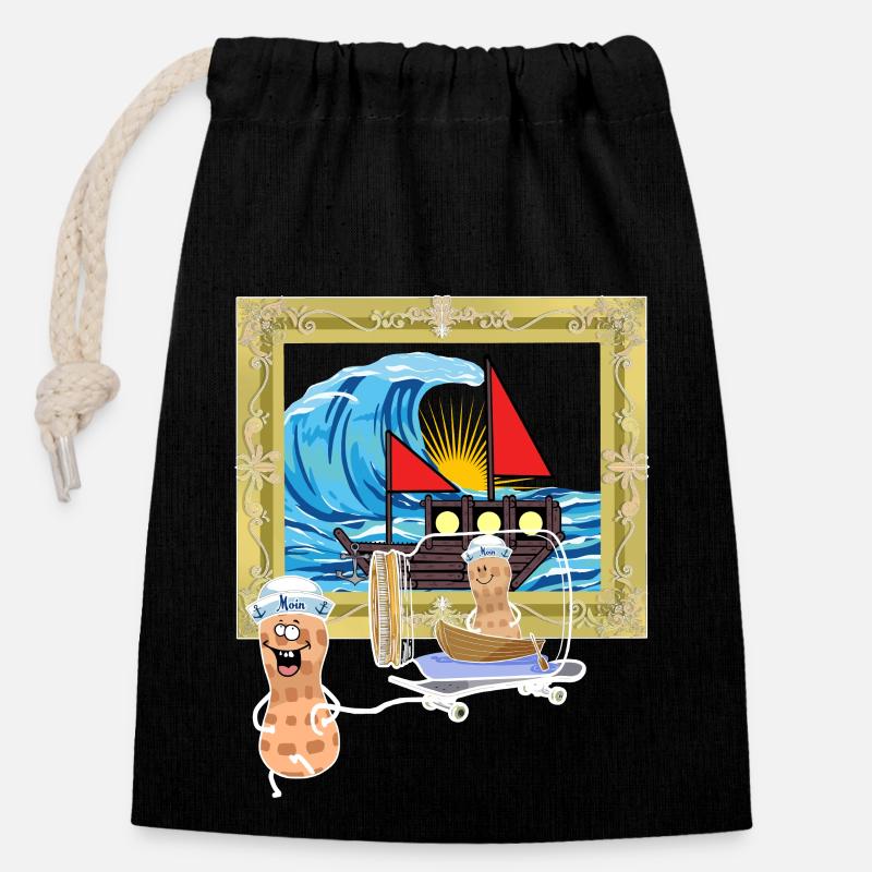 Peanut Ship Seafaring Sailors Message in a Bottle - Closable cotton gift bag (14x20cm) - black