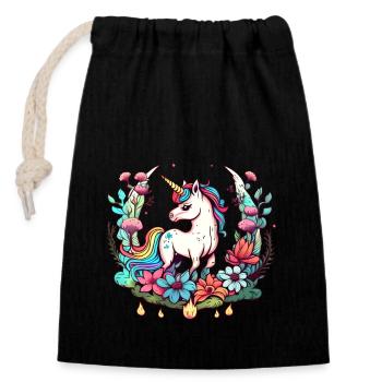 Einhorn und Blumen: Magisches T-Shirt Design - Verschließbarer Geschenkbeutel aus Baumwolle (14x20cm) - Schwarz - Vorne