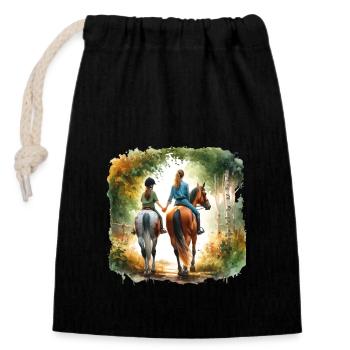 Mère et fille - Balade à cheval à l’aquarelle - Sac cadeau en coton avec cordon (14 x 20 cm) - noir - Devant
