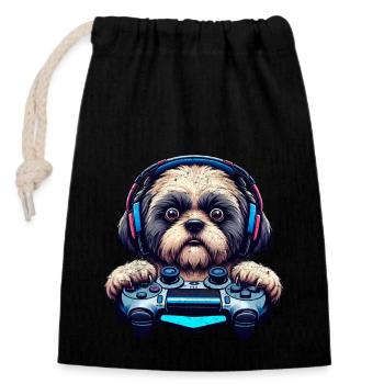 Nerds du jeu, amateurs de chiens Shih Tzu - Sac cadeau en coton avec cordon (14 x 20 cm) - noir - Devant