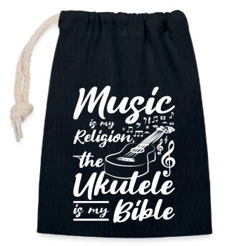 La musique est ma religion, le ukulélé est ma bible - Sac cadeau en coton avec cordon (14 x 20 cm) - bleu marine - Devant