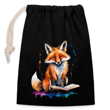 Fuchs Lesen Buch Bunt Tier Design Print - Verschließbarer Geschenkbeutel aus Baumwolle (14x20cm) - Schwarz - Vorne