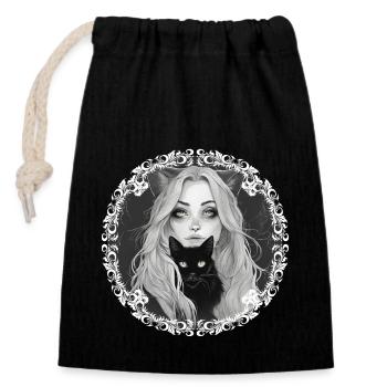 Witch With Her Loyal Companion The Black Cat. - Closable cotton gift bag (14x20cm) - black - Front