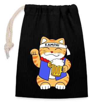 Maneki Neko Japan Glücksbringer - Verschließbarer Geschenkbeutel aus Baumwolle (14x20cm) - Schwarz - Vorne