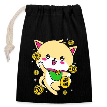 Maneki Neko Japan Glücksbringer - Verschließbarer Geschenkbeutel aus Baumwolle (14x20cm) - Schwarz - Vorne