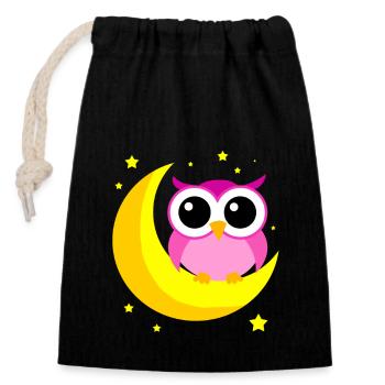 Pink Owl On Moon Cartoon Nocturnal Bird Lover Cool - Closable cotton gift bag (14x20cm) - black - Front