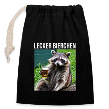 Waschbär mit Bier - Verschließbarer Geschenkbeutel aus Baumwolle (14x20cm) - Schwarz - Vorne