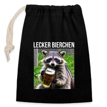 Waschbär mit Bier - Verschließbarer Geschenkbeutel aus Baumwolle (14x20cm) - Schwarz - Vorne
