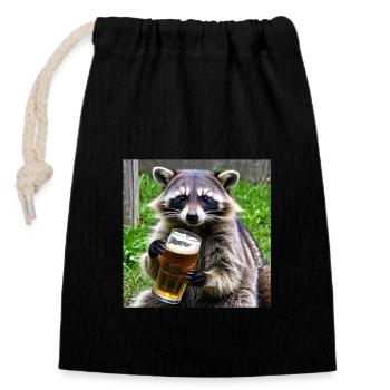 Waschbär mit Bier - Verschließbarer Geschenkbeutel aus Baumwolle (14x20cm) - Schwarz - Vorne