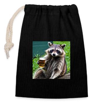 Waschbär mit Bier - Verschließbarer Geschenkbeutel aus Baumwolle (14x20cm) - Schwarz - Vorne