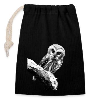 Owl On Tree Branch Nocturnal Predator Birds Cool - Closable cotton gift bag (14x20cm) - black - Front