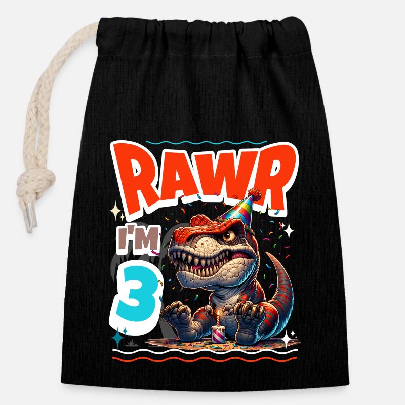 3. Geburtstag Rawr T Rex Dinosaurier - Verschließbarer Geschenkbeutel aus Baumwolle (14x20cm) - Schwarz