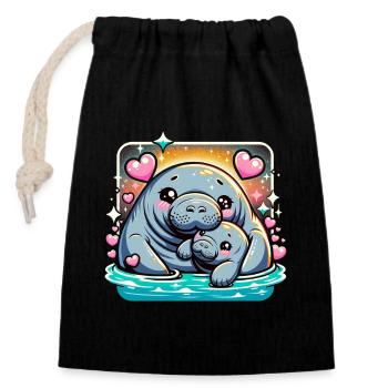 Aquatic baby and mother siren manatees - Closable cotton gift bag (14x20cm) - black - Front