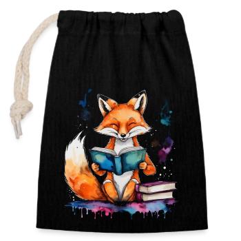 Fuchs Lesen Buch Bunt Tier Design Print - Verschließbarer Geschenkbeutel aus Baumwolle (14x20cm) - Schwarz - Vorne