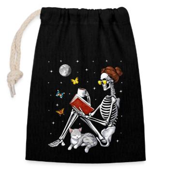 Skeleton Reading Book - Closable cotton gift bag (14x20cm) - black - Front