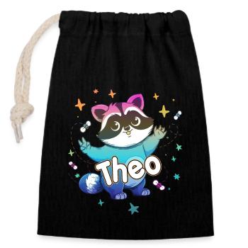 THEO - Beautiful boy name with cute raccoon - Closable cotton gift bag (14x20cm) - black - Front