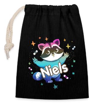NIELS - Schöner Jungen Name mit süßem Waschbär - Verschließbarer Geschenkbeutel aus Baumwolle (14x20cm) - Schwarz - Vorne