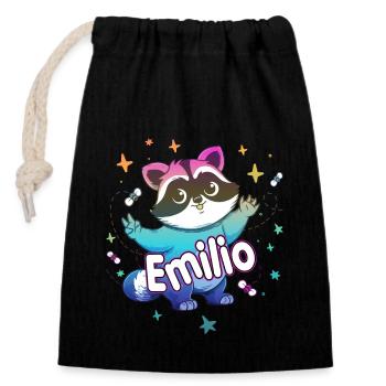 EMILIO - Beau nom de garçon avec un raton laveur mignon - Sac cadeau en coton avec cordon (14 x 20 cm) - noir - Devant