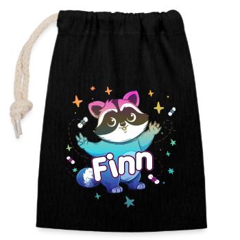 FINN - Schöner Jungen Name mit süßem Waschbär - Verschließbarer Geschenkbeutel aus Baumwolle (14x20cm) - Schwarz - Vorne