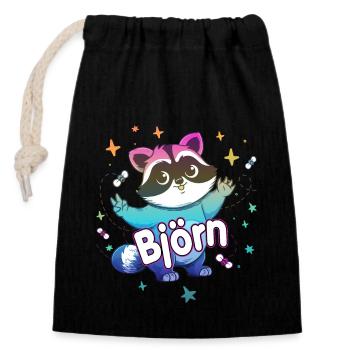 BJÖRN - Beautiful boy name with cute raccoon - Closable cotton gift bag (14x20cm) - black - Front