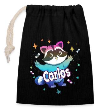 CARLOS - Beautiful boy name with cute raccoon - Closable cotton gift bag (14x20cm) - black - Front