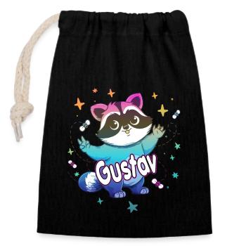 GUSTAV - Schöner Jungen Name mit süßem Waschbär - Verschließbarer Geschenkbeutel aus Baumwolle (14x20cm) - Schwarz - Vorne