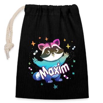 MAXIM - Schöner Jungen Name mit süßem Waschbär - Verschließbarer Geschenkbeutel aus Baumwolle (14x20cm) - Schwarz - Vorne