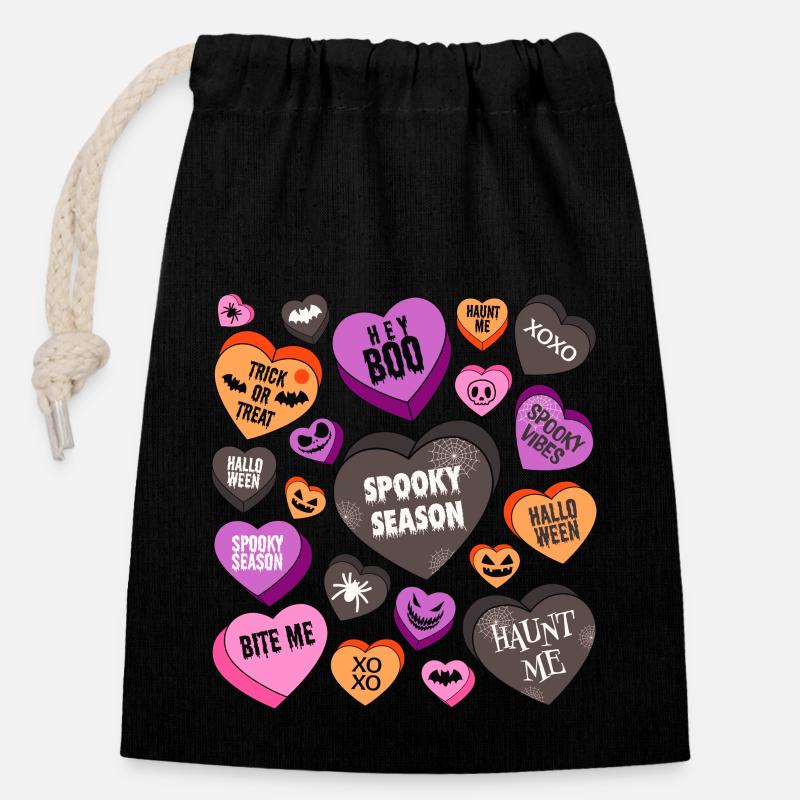 Coeurs d’Halloween. - Sac cadeau en coton avec cordon (14 x 20 cm) - noir