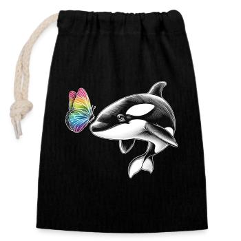 Orque, baleine, papillons, animal, fleur, illustration - Sac cadeau en coton avec cordon (14 x 20 cm) - noir - Devant