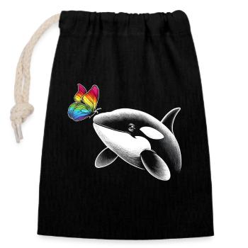 Orque, baleine, papillons, animaux, fleurs, illustration - Sac cadeau en coton avec cordon (14 x 20 cm) - noir - Devant