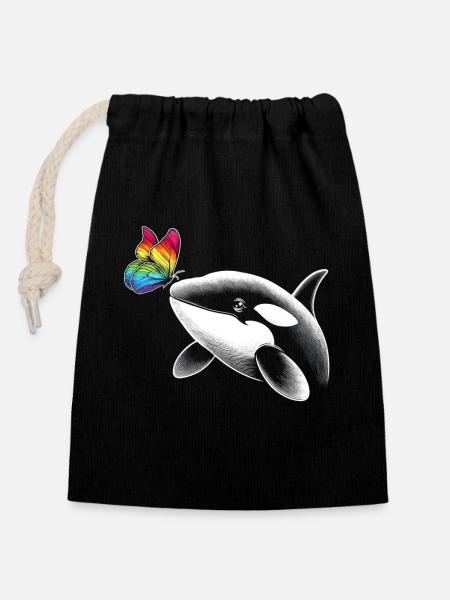 Orca Wal Schmetterlinge Tier Blumen Illustration - Verschließbarer Geschenkbeutel aus Baumwolle (14x20cm) - Schwarz