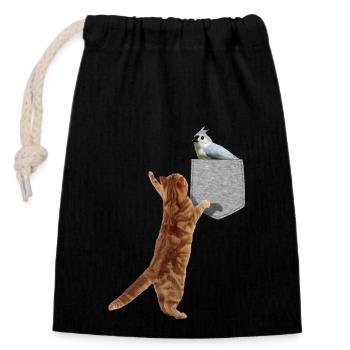 Chat atteignant la mésange touffetée dans la fausse poche Cool - Sac cadeau en coton avec cordon (14 x 20 cm) - noir - Devant